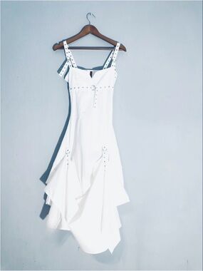 COTE COTE ~ White Cotton A-Line Asymmetrical Hem Dress w/Adjustable Straps